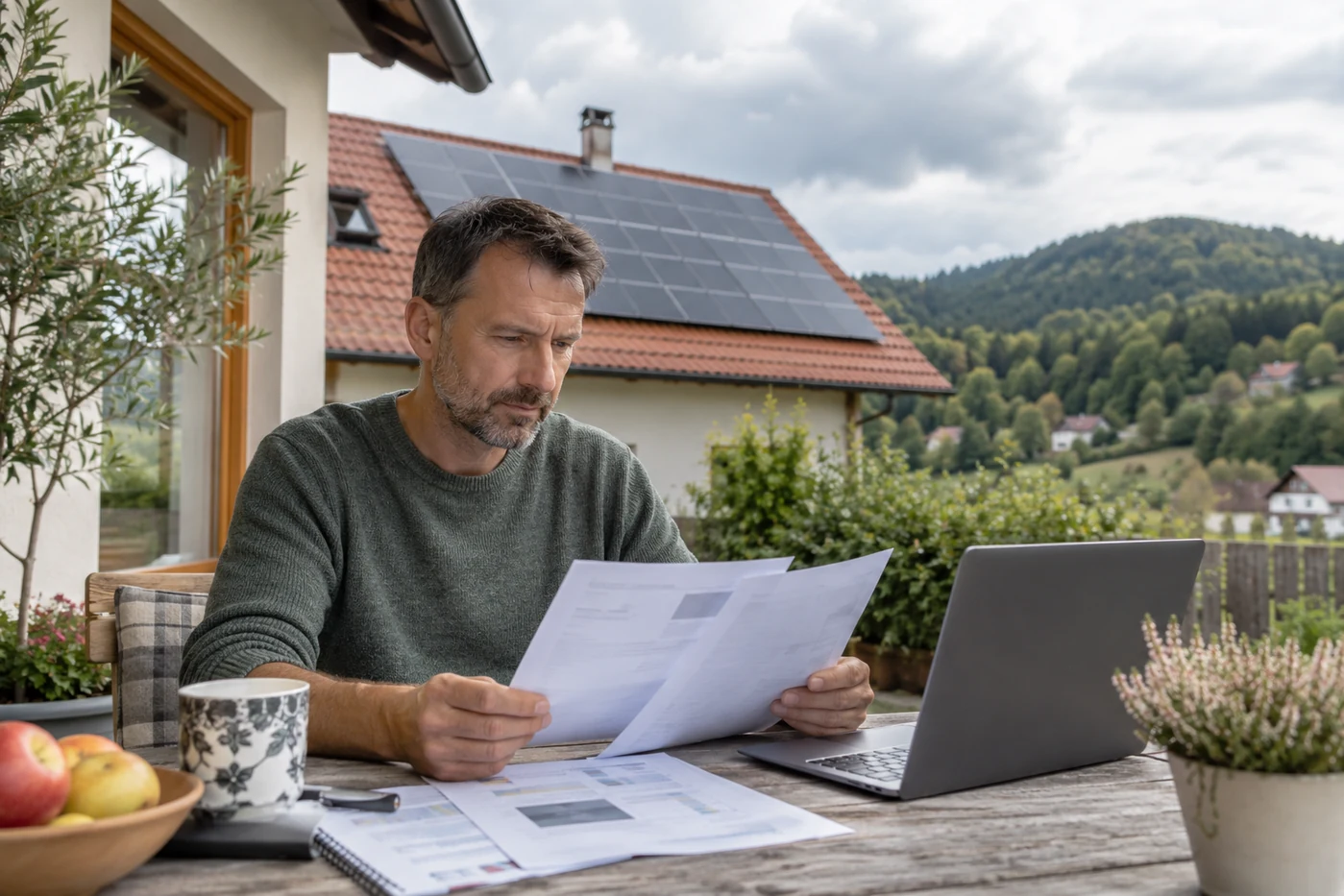Hausbesitzer betrachtet ein Angebot mit Blick auf ein Solardach
