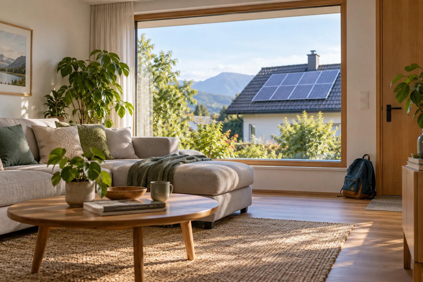 Wohnzimmer mit Pflanzen und Blick auf ein Hausdach mit Solarmodulen.