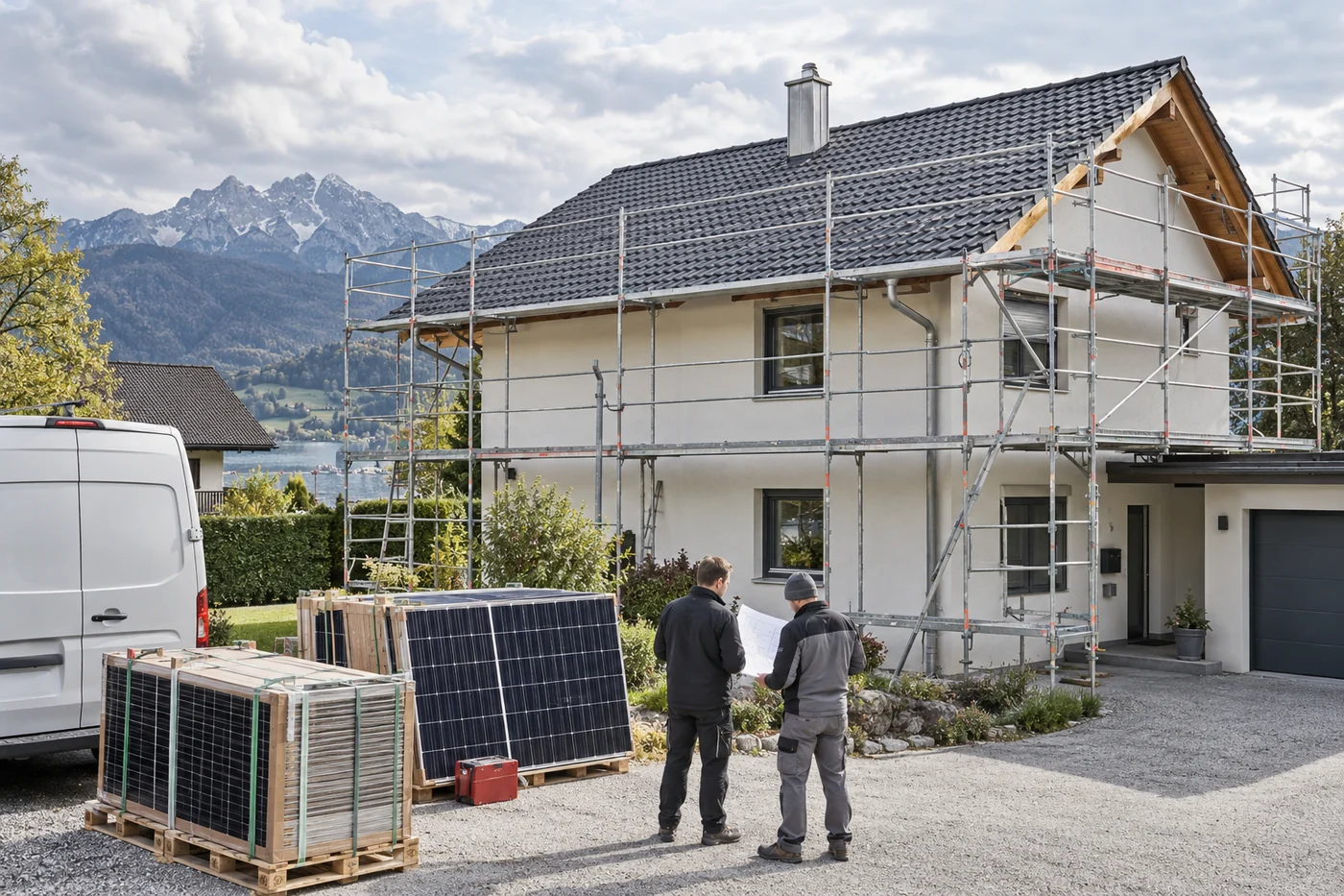 Montagevorbereitung mit Solarmodulen und sicherem Gerüst