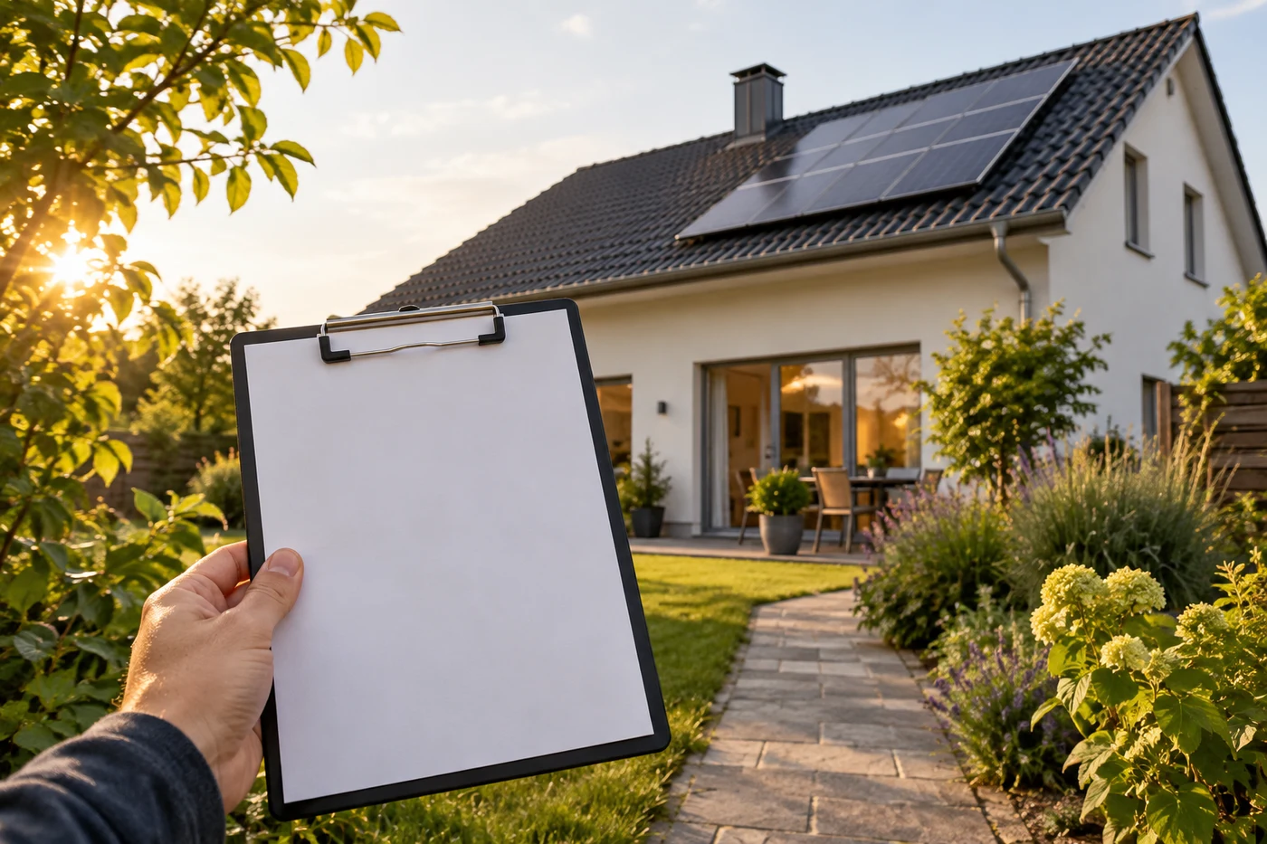 Klemmbrett im Vordergrund eines Hauses mit Photovoltaikmodulen auf dem Dach.