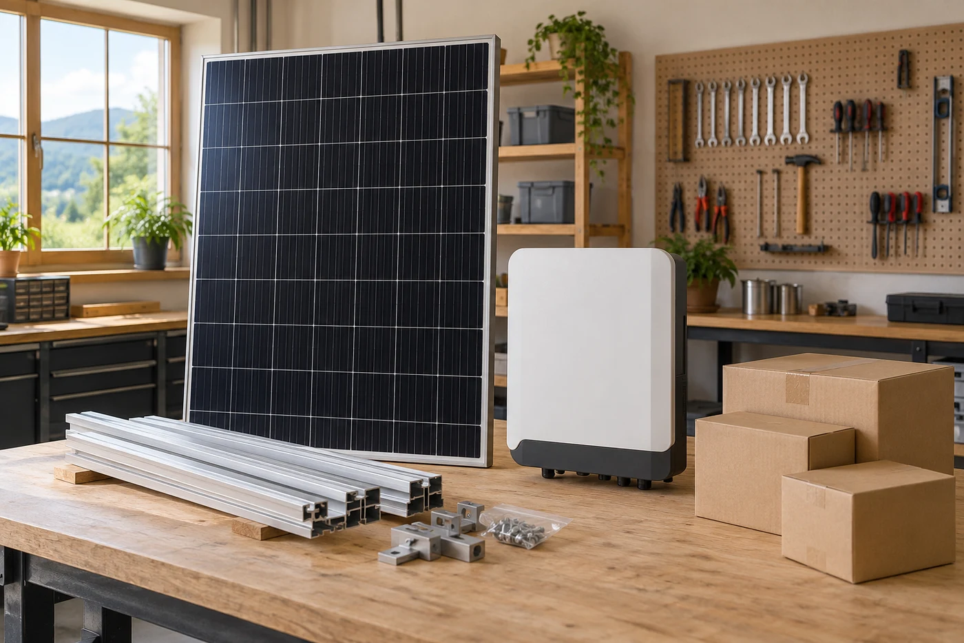 Solarmodul, geschlossenes Gerät und Montageschienen auf einer Werkbank.