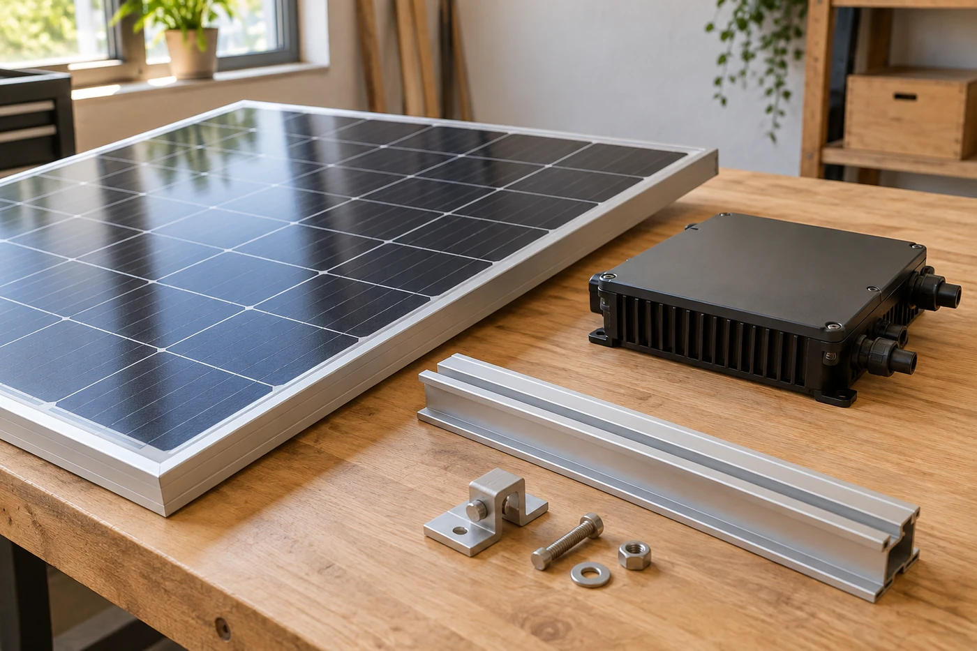 Solarmodulmuster und Montageschiene auf einer Werkbank