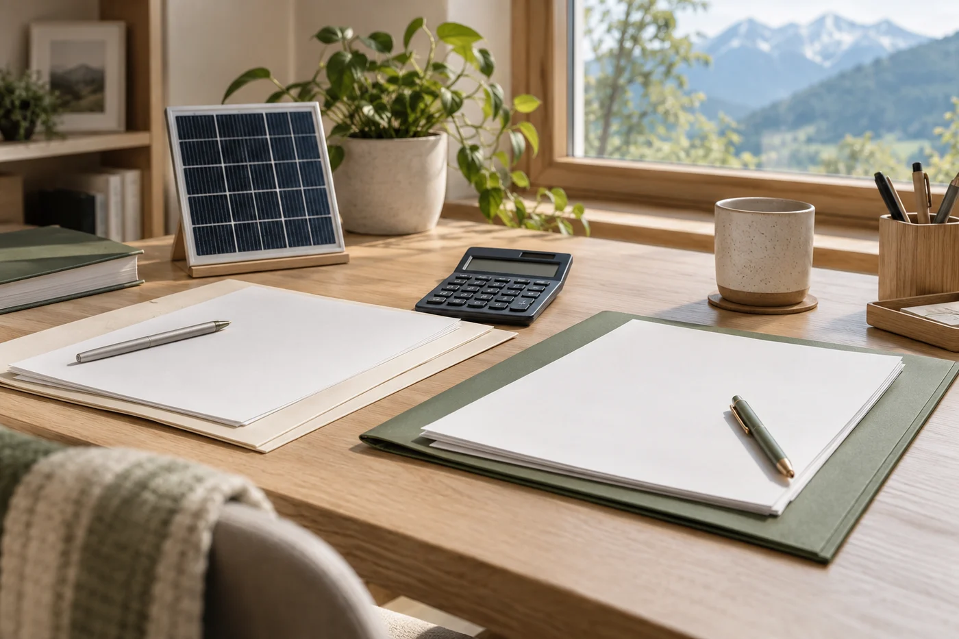 Planungsunterlagen, Taschenrechner und ein kleines Solarmodulmuster auf einem hellen Schreibtisch