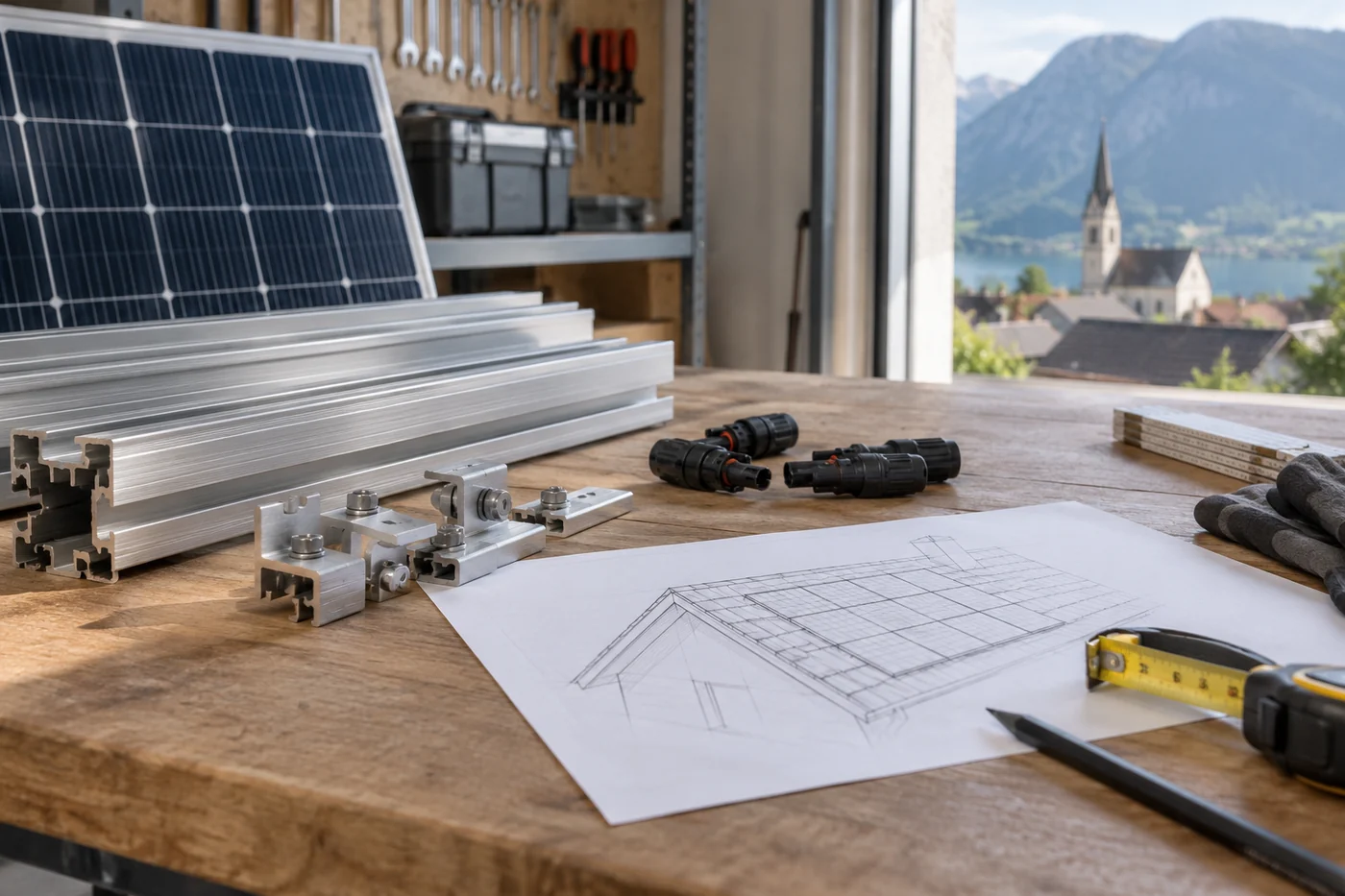 Montageschienen und Planungsunterlagen einer Photovoltaikanlage