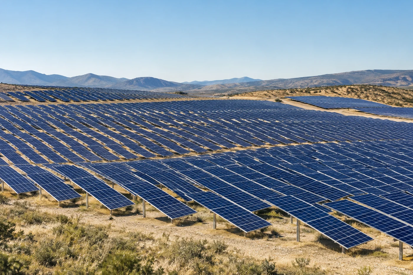 Großes Solarkraftwerk in einer trockenen Landschaft
