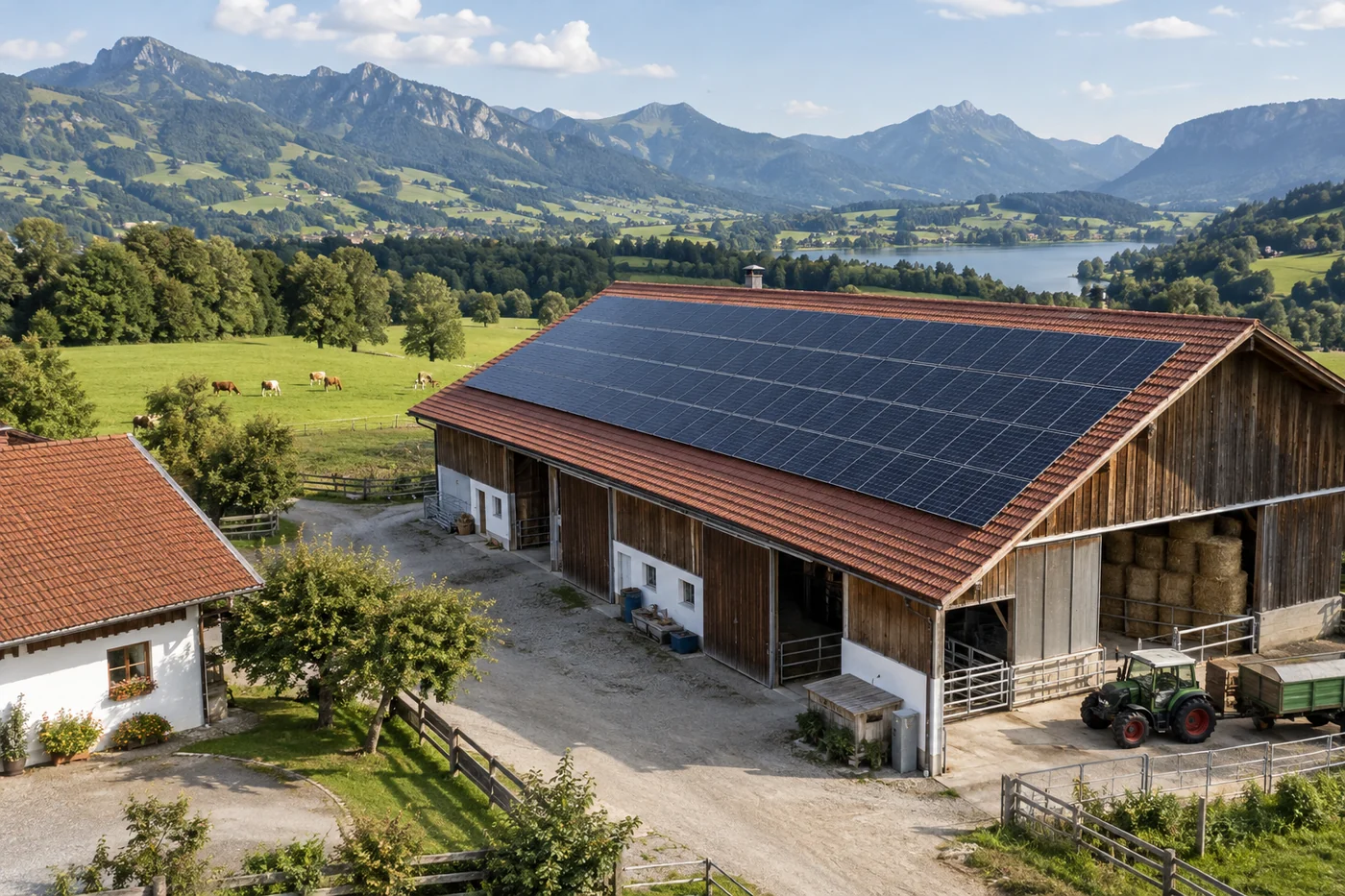 Große Photovoltaikanlage auf einem Scheunendach in österreichischer Landschaft
