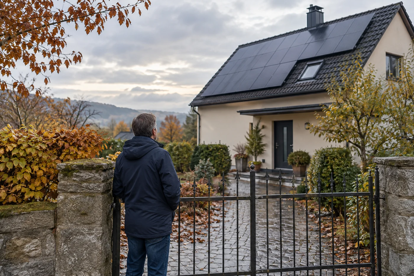 Person am Gartentor mit Blick auf ein Haus mit Solarmodulen.