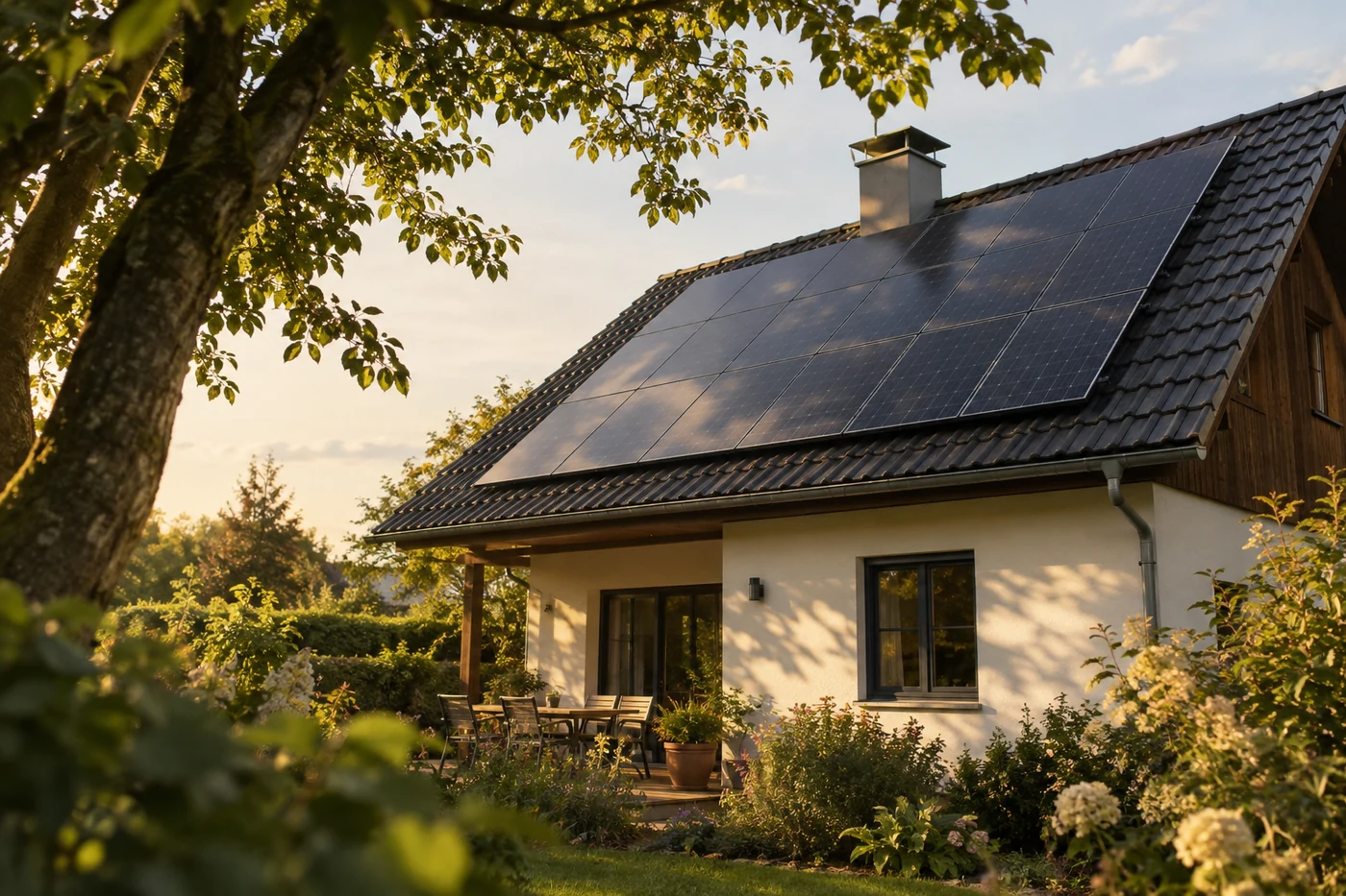 Solarmodule auf einem Hausdach neben einem Laubbaum