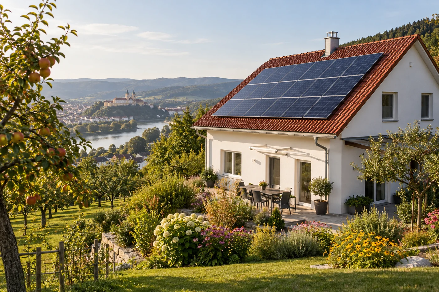 Solardach eines Wohnhauses in einer Wachauer Tallandschaft