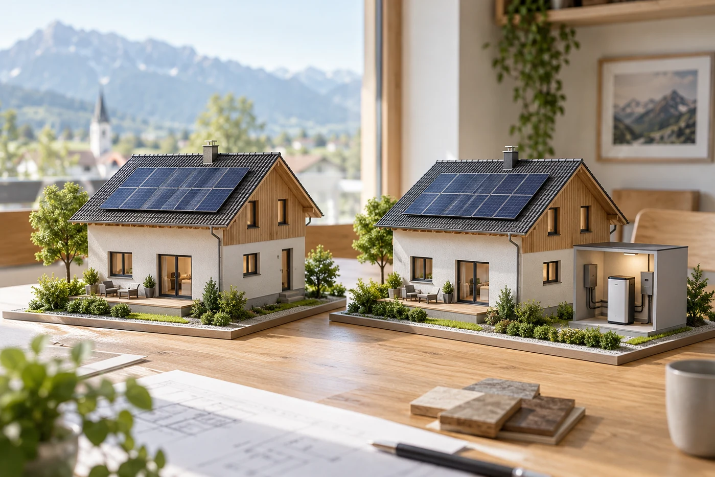 Zwei Hausmodelle mit Solardächern beim Vergleich einer Speicherlösung