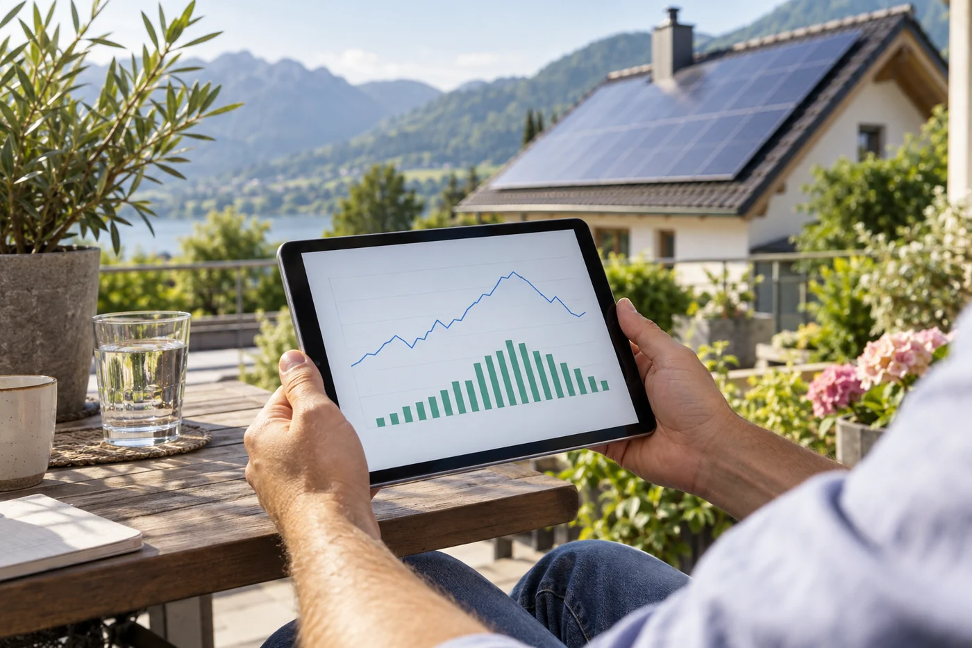 Tablet zur Kontrolle einer Photovoltaikanlage auf der Terrasse