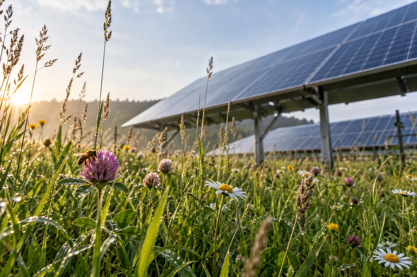 Blühende Wiese vor aufgeständerten Solarmodulen im Morgenlicht.