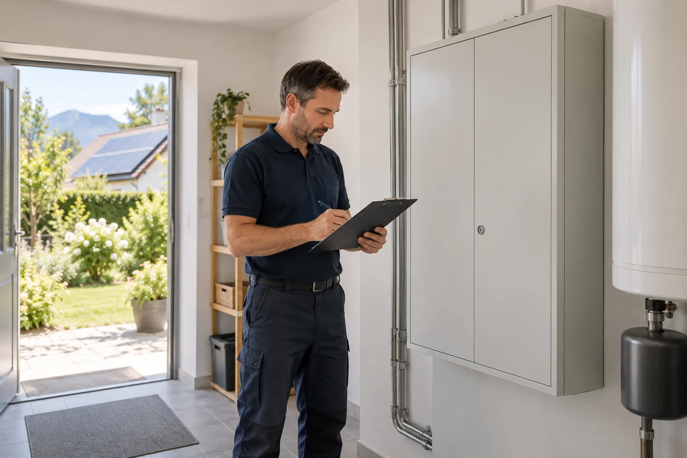 Fachperson mit Planungsunterlagen vor einem geschlossenen Zählerschrank in einem Wohnhaus