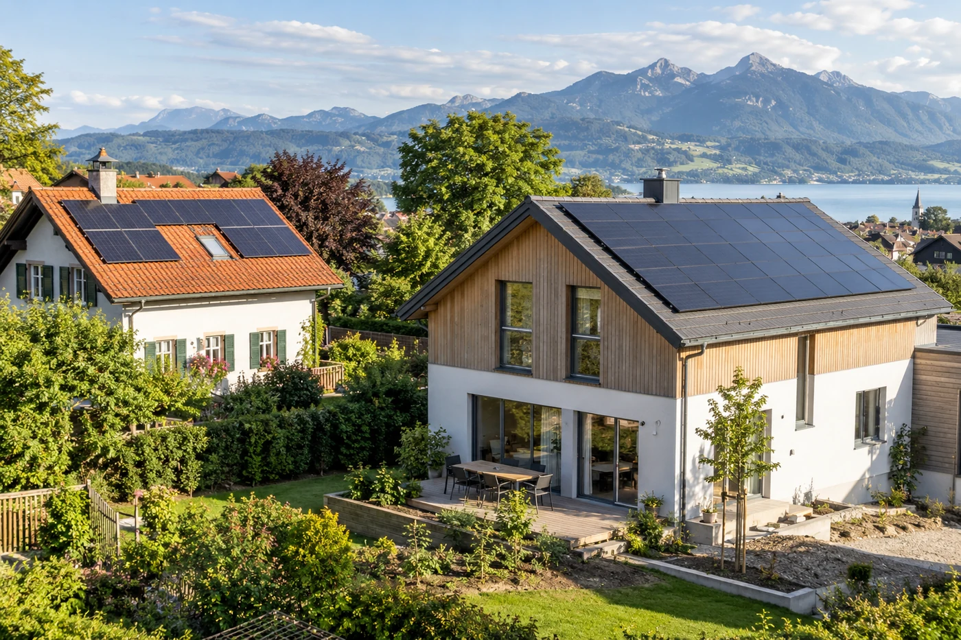 Neubau und bestehendes Wohnhaus mit Photovoltaik
