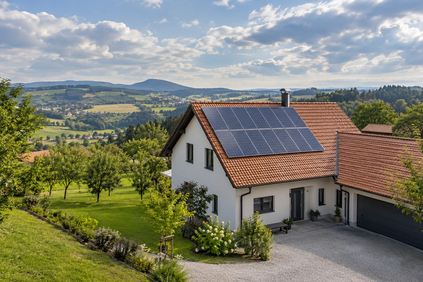 Photovoltaik auf einem Wohnhaus in oberösterreichischer Hügellandschaft