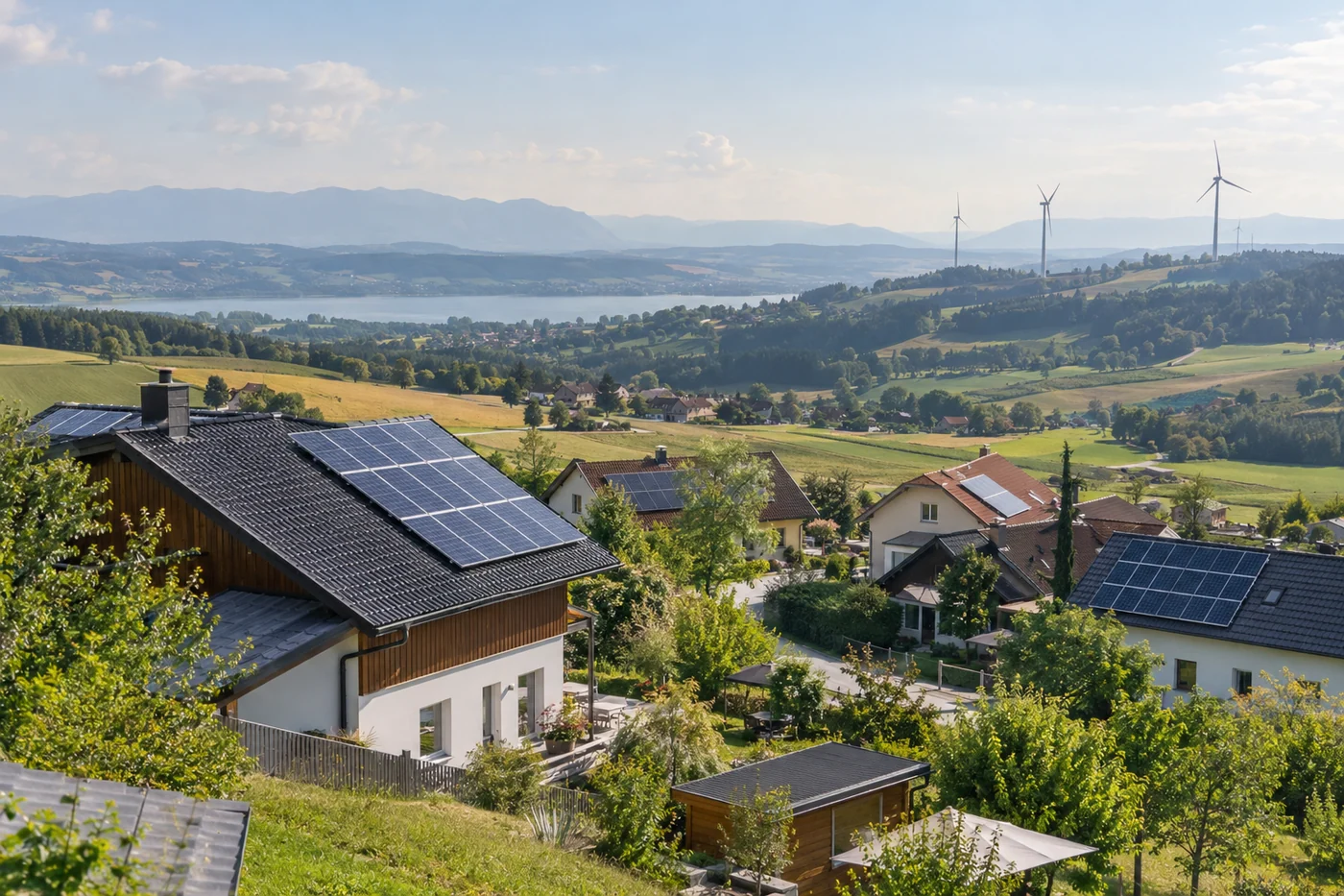 Solardächer und Windräder in einer ländlichen Landschaft