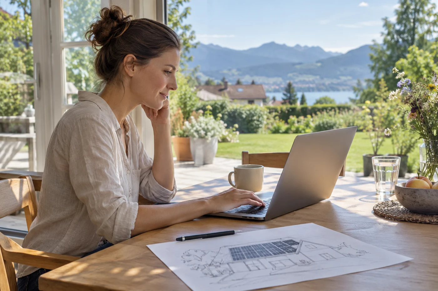 Hausbesitzerin plant eine Photovoltaikanlage am Laptop