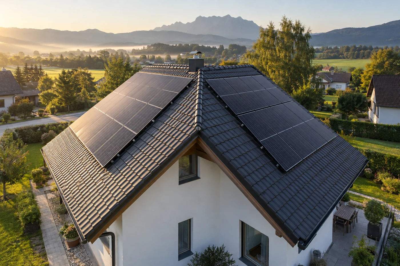 Beide Seiten eines Satteldachs sind mit Photovoltaikmodulen belegt