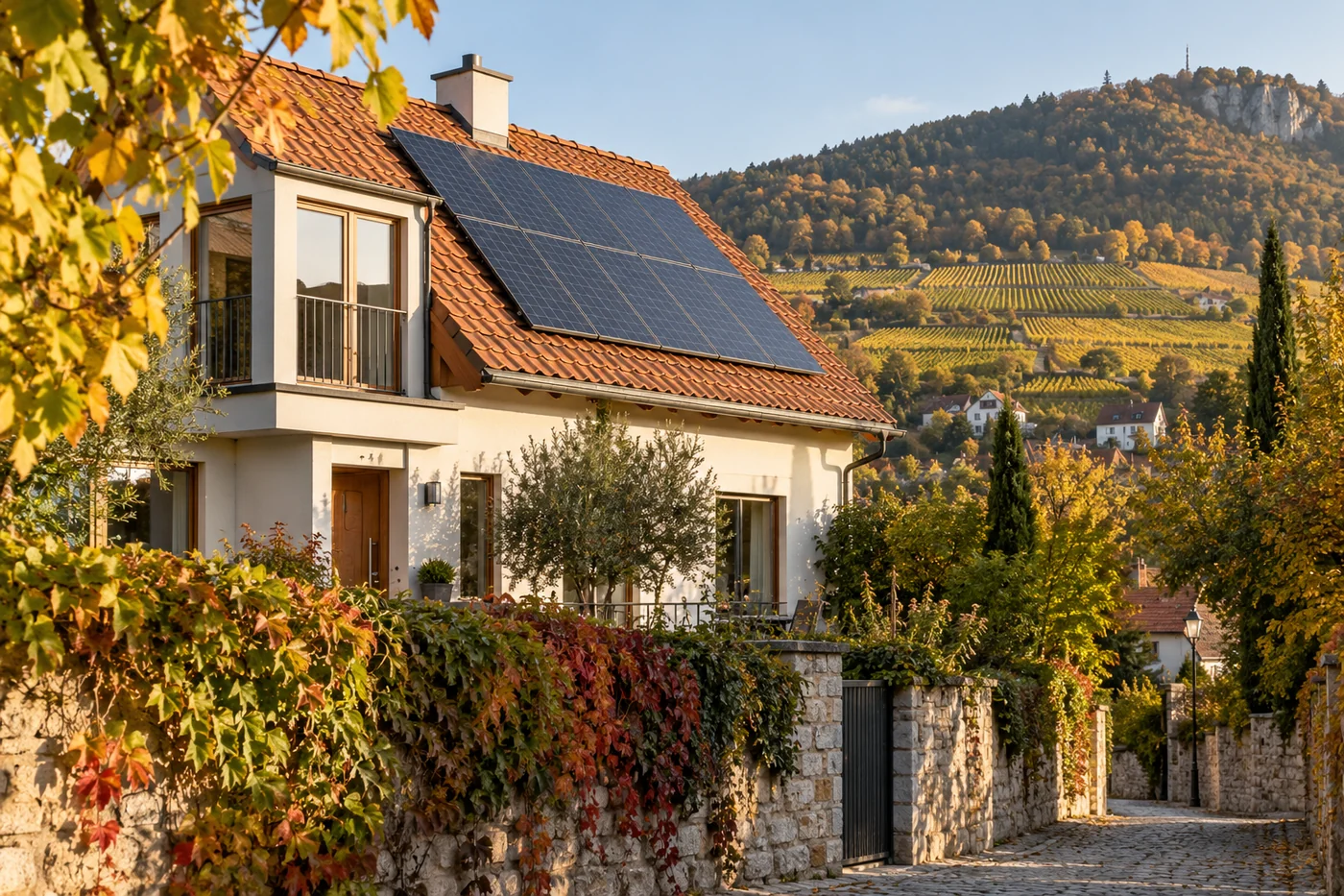 Solardach eines Hauses vor Weinbergen und Waldhügeln