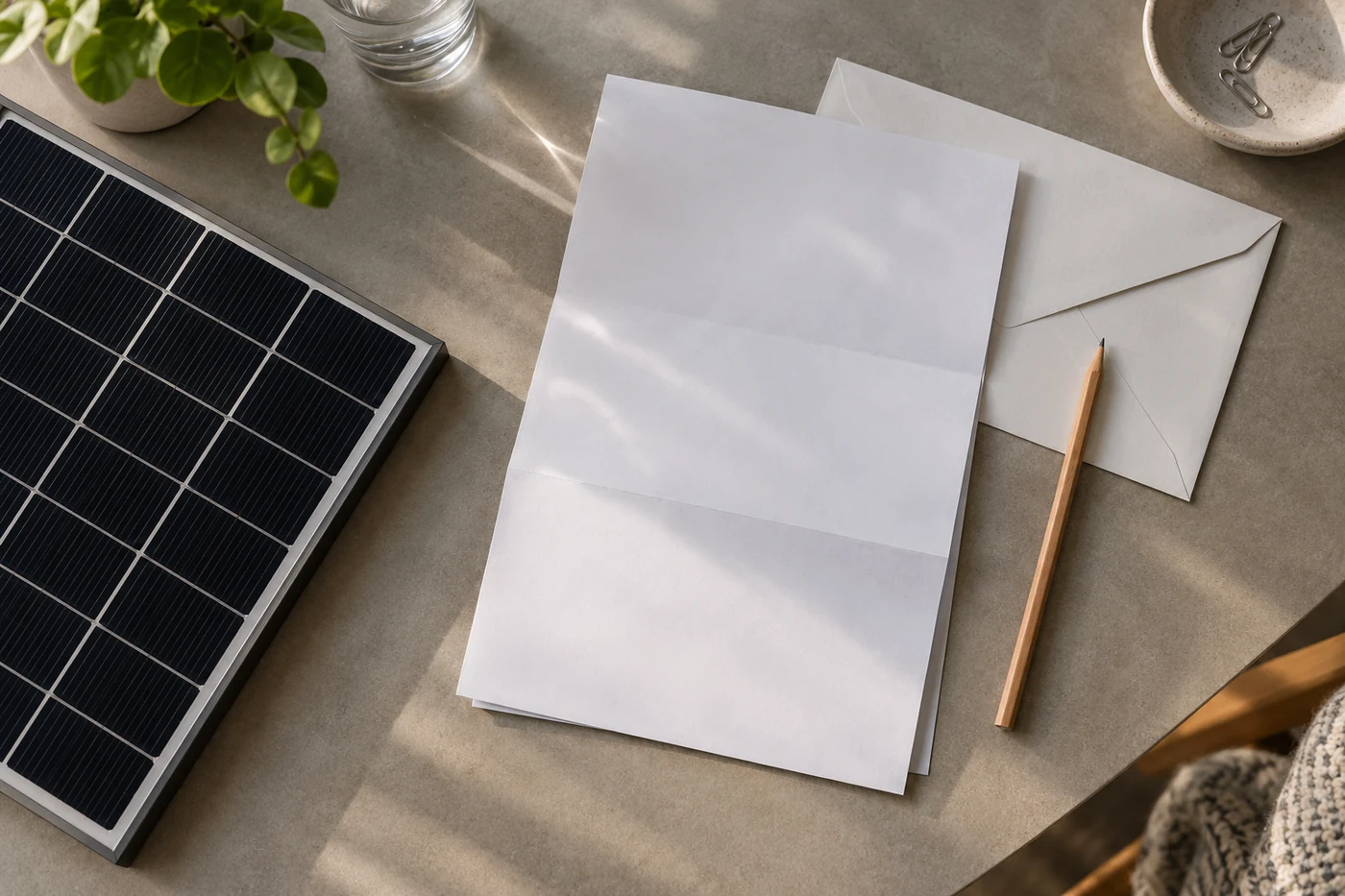 Unbeschriftete Unterlagen und ein neutraler Umschlag neben einem kleinen Solarmodul auf einem Tisch.