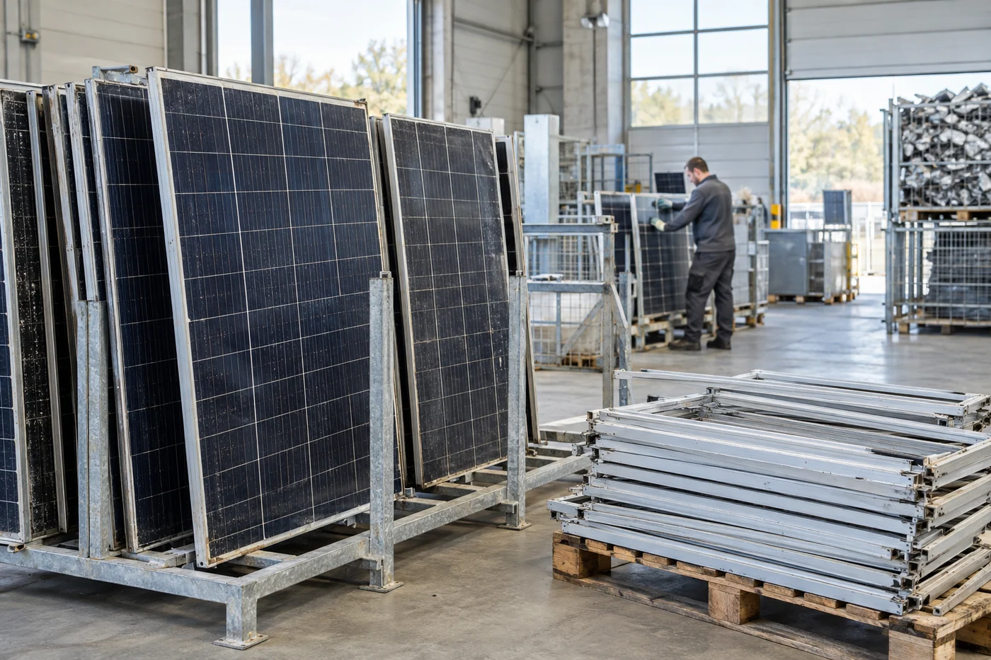 Ausgediente Solarmodule in einer geordneten Recyclinghalle