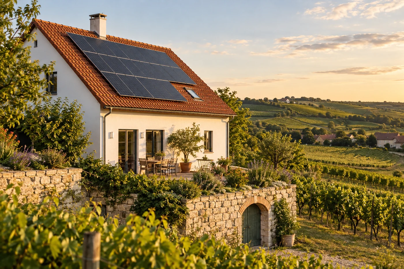 Solaranlage auf einem Haus in einer Weinviertler Landschaft