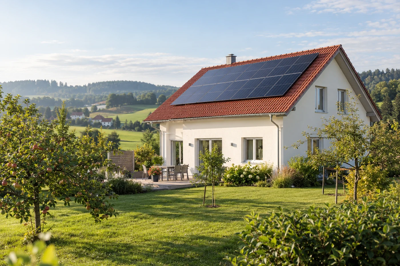 Haus mit Photovoltaik auf einem Ziegeldach in einer sanft hügeligen Landschaft im Stil des Innviertels