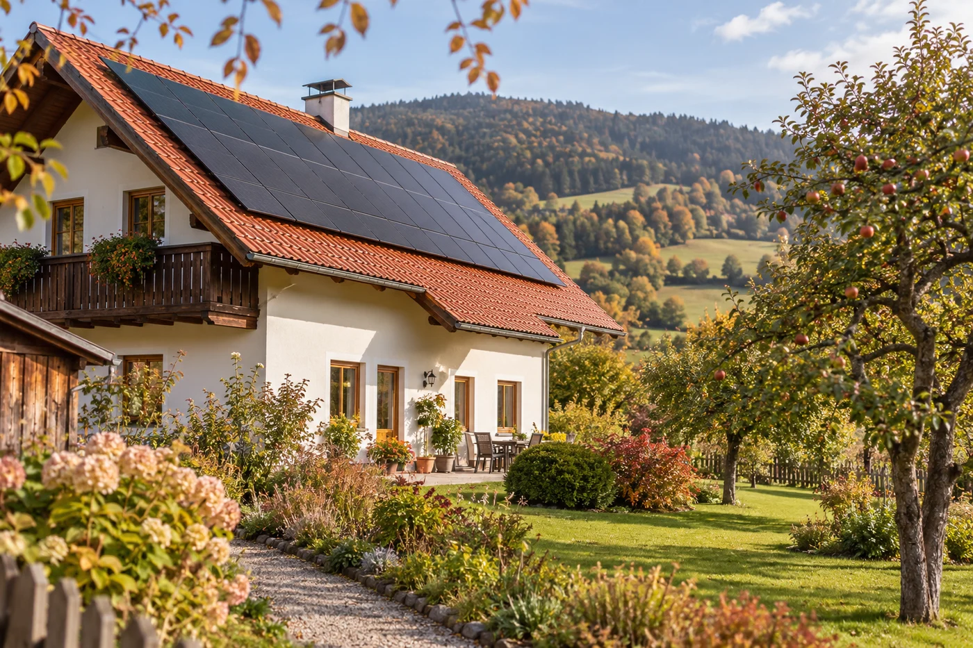 Wohnhaus mit Solarmodulen auf dem Dach vor bewaldeten Voralpenhügeln und einem gepflegten Garten