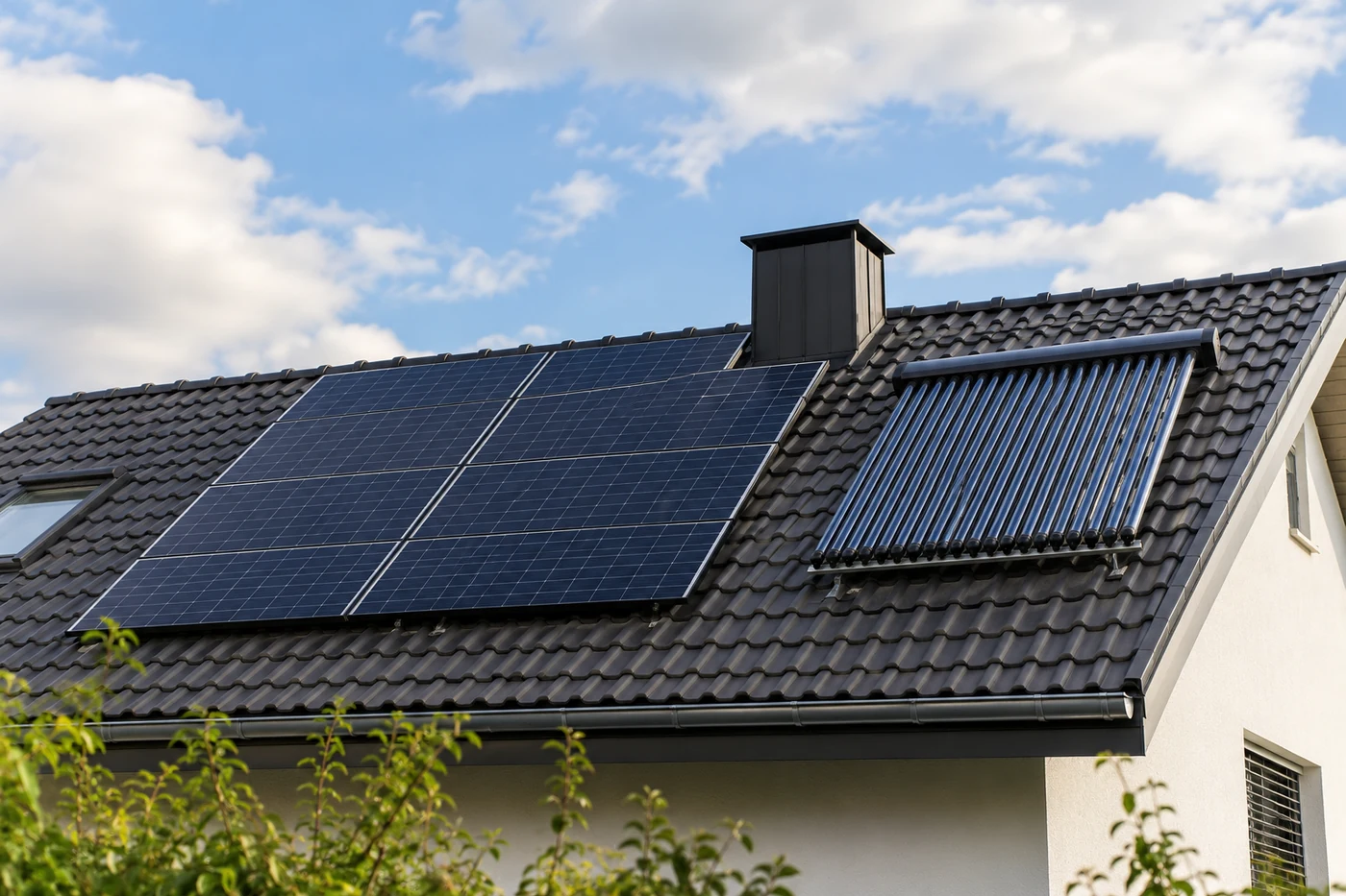 Solarmodule und Röhrenkollektoren auf einem Hausdach