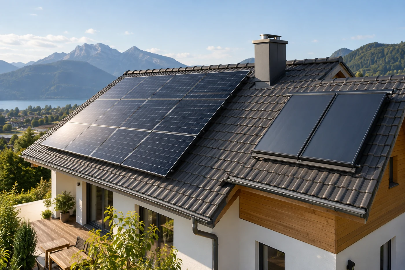 Photovoltaikmodule und glatte Solarkollektoren auf verschiedenen Bereichen eines Hausdachs.
