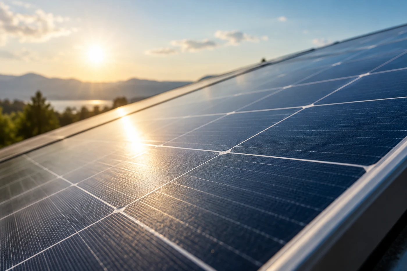 Nahaufnahme einer Solarzellenoberfläche mit Lichtreflex auf dem Glas.