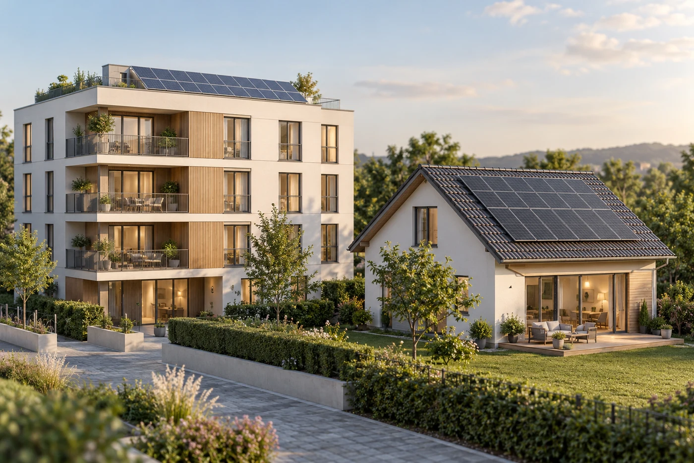 Illustration eines Mehrparteienhauses und eines Einfamilienhauses mit Solardächern.
