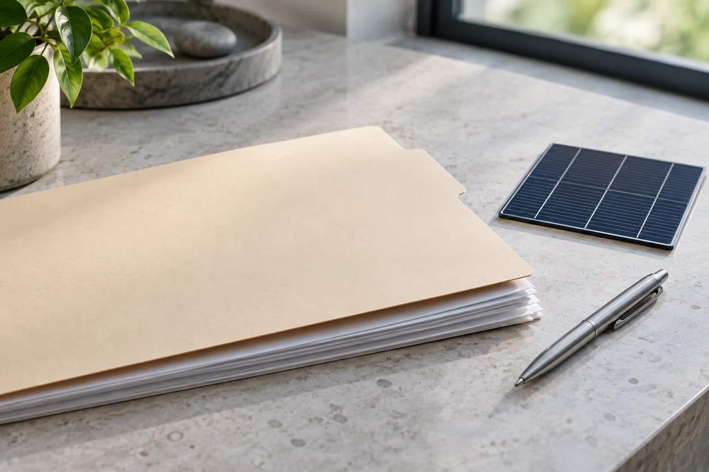 Mappe, Stift und ein kleines Solarzellenmuster auf einer hellen Arbeitsfläche.