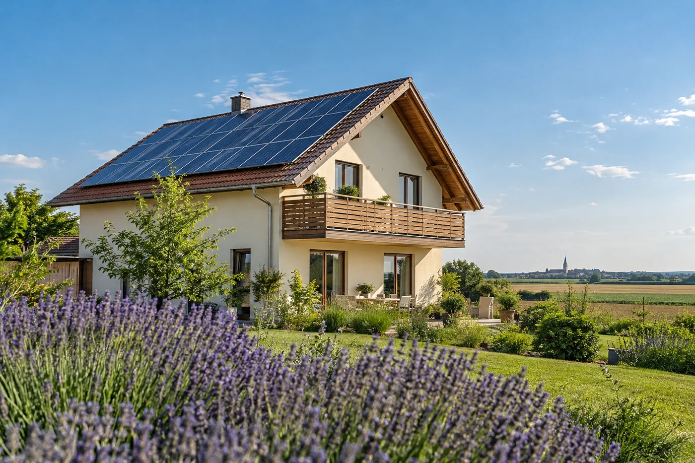 Photovoltaik auf einem Einfamilienhaus mit Garten