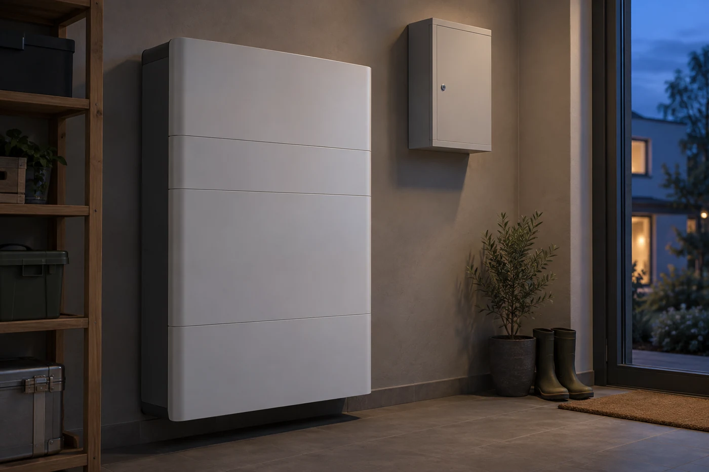 Geschlossener Batteriespeicher und ein kleiner Schaltschrank an einer grauen Wand.