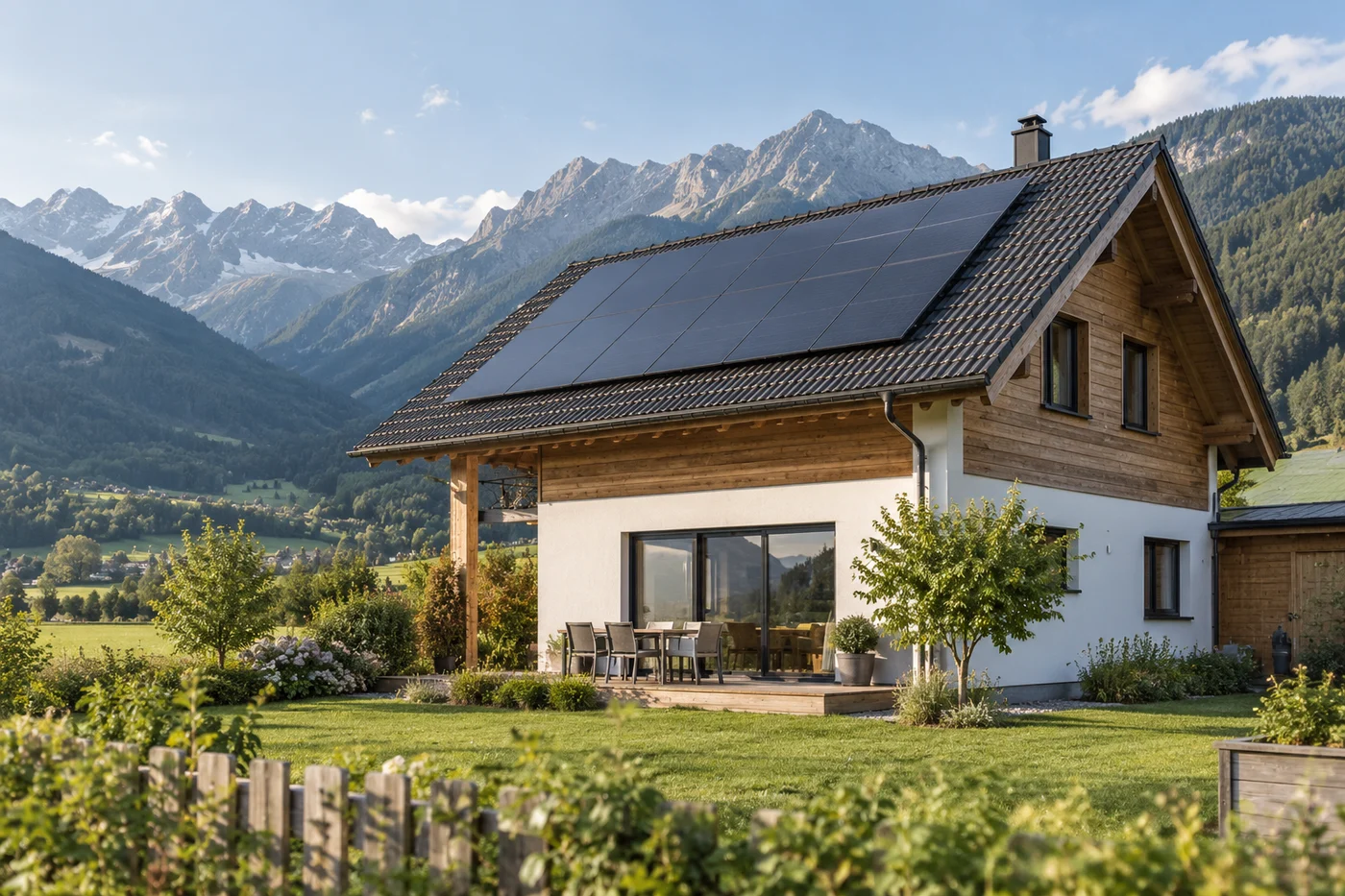 Wohnhaus mit Solarmodulen auf einem geneigten Dach in einer alpinen Tallandschaft