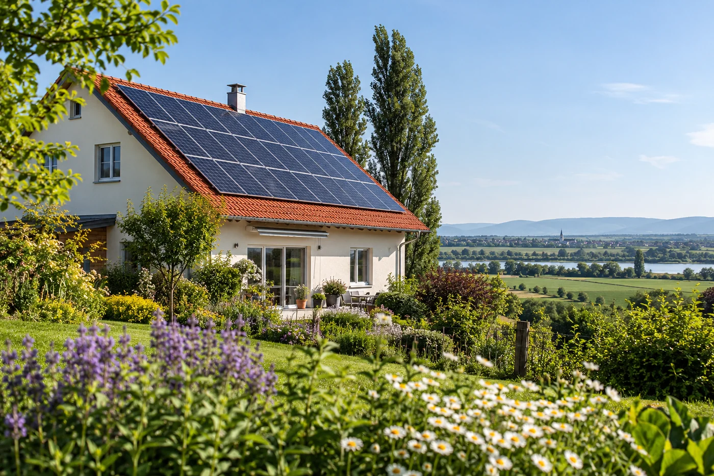 Solardach eines Wohnhauses in einer grünen Donaulandschaft