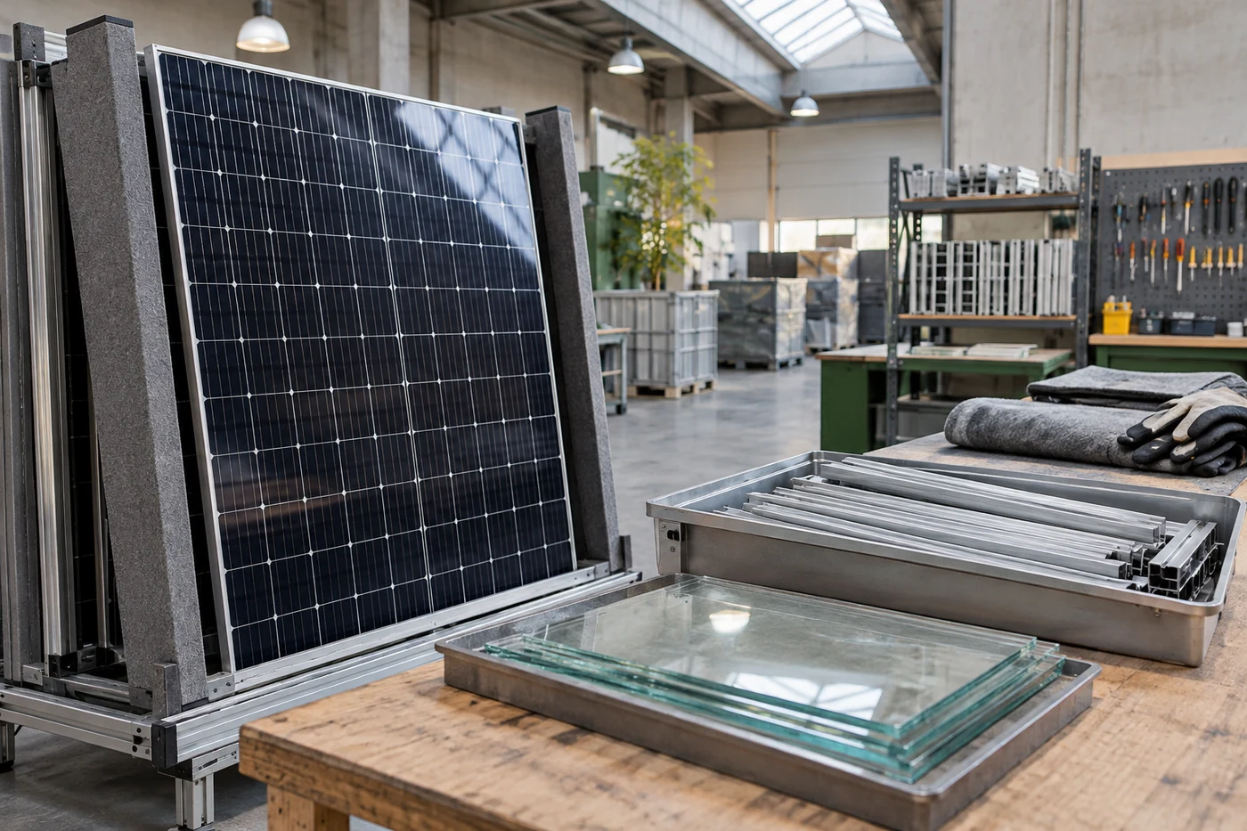 Solarmodul, Aluminiumteile und Glasproben in einer aufgeräumten Werkstatt.