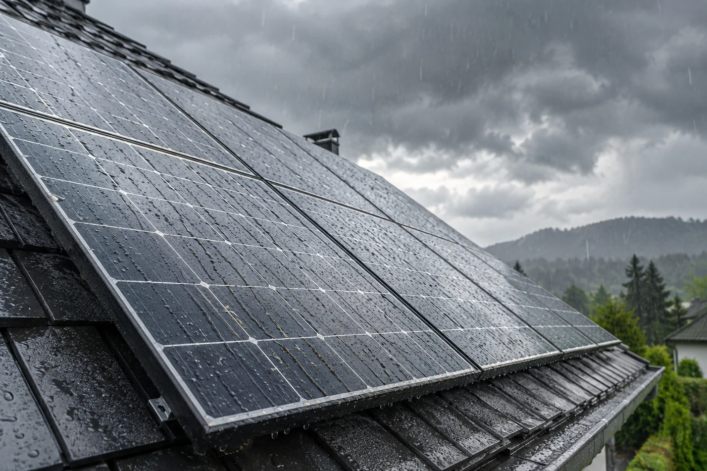 Regentropfen auf intakten Solarmodulen auf einem Schieferdach.
