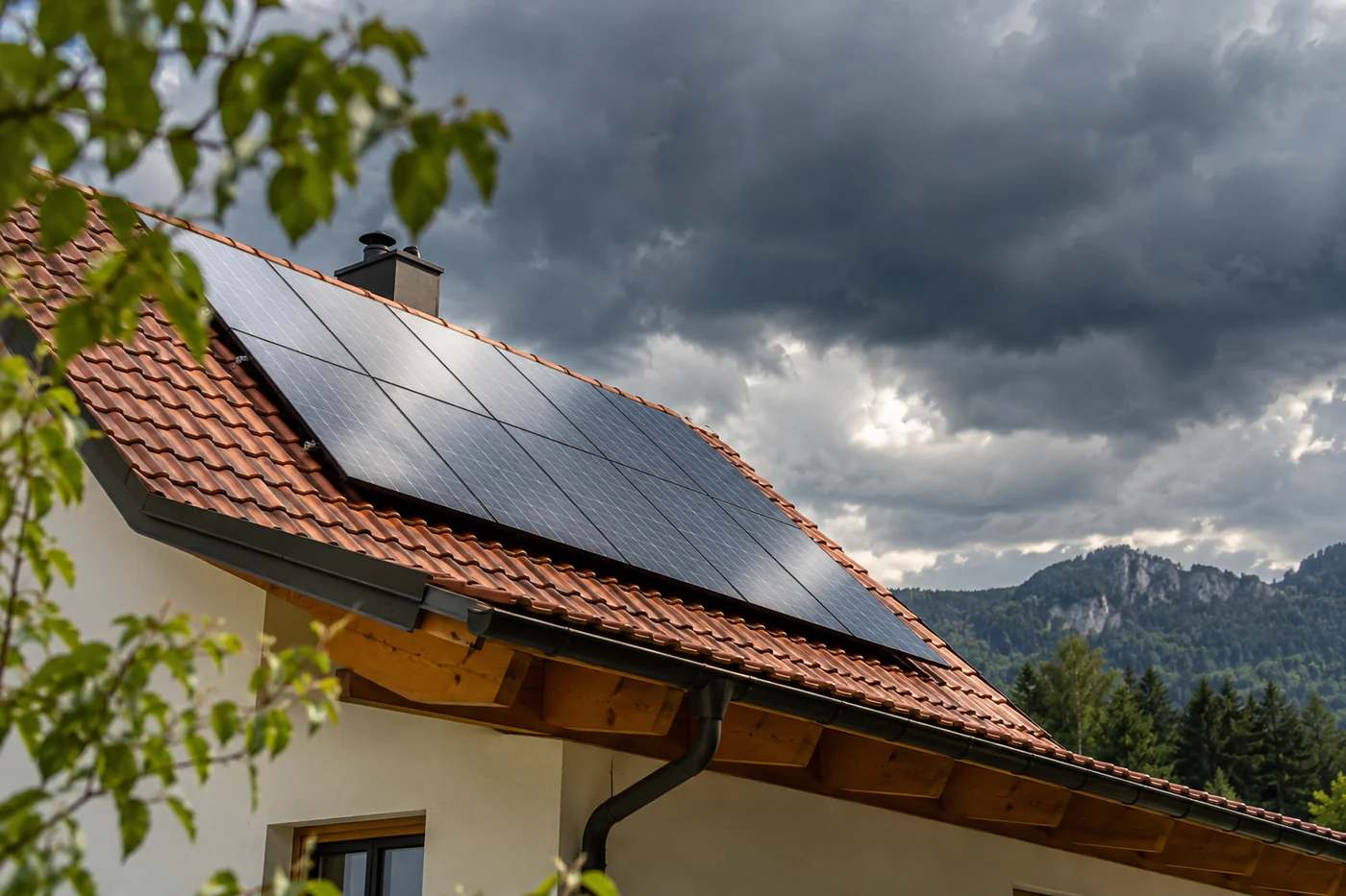 Photovoltaikdach unter einer dunklen Wetterfront