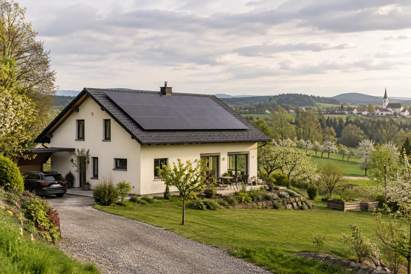 Haus mit Photovoltaikanlage in oberösterreichischer Landschaft