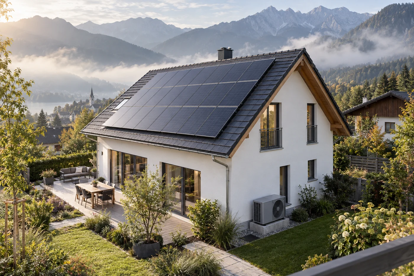 Einfamilienhaus mit Photovoltaikdach und außen aufgestellter Wärmepumpe
