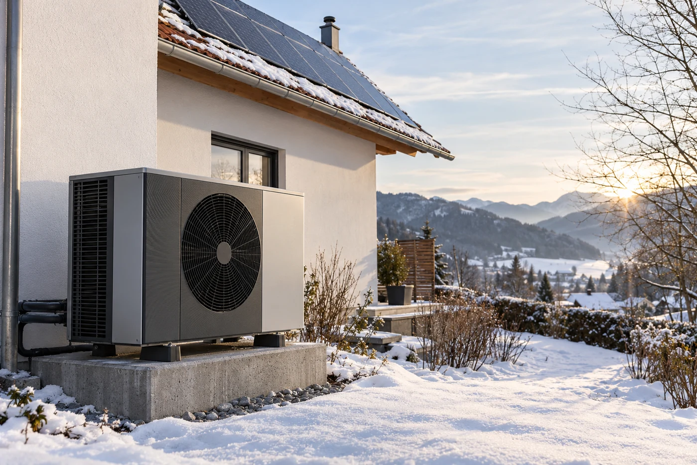 Wärmepumpe vor einem Haus mit Photovoltaikdach an einem klaren Wintertag
