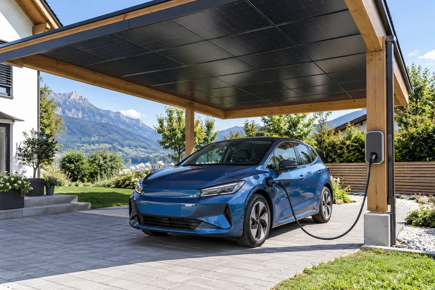Elektroauto wird unter einem Solardach geladen