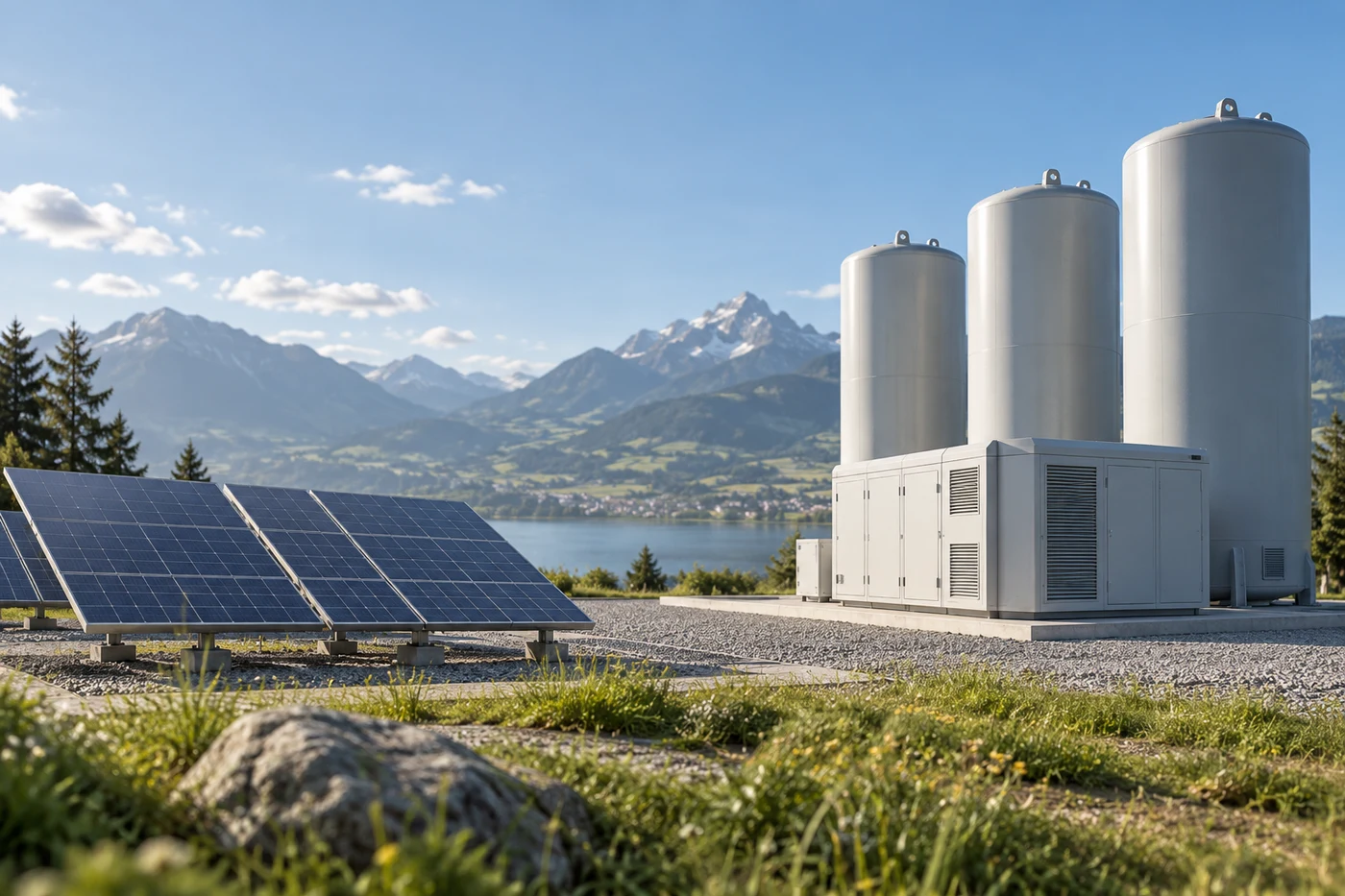 Konzeptillustration mit Solarmodulen und geschlossenen industriellen Gasbehältern.