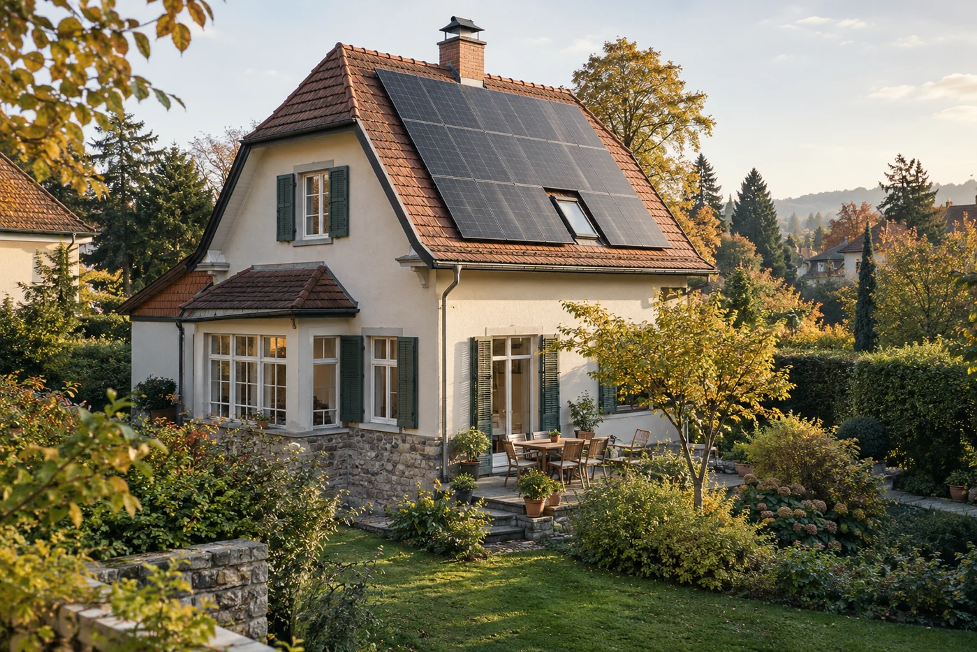 Solarmodule auf einem Hausdach in einer grünen Wiener Wohnumgebung