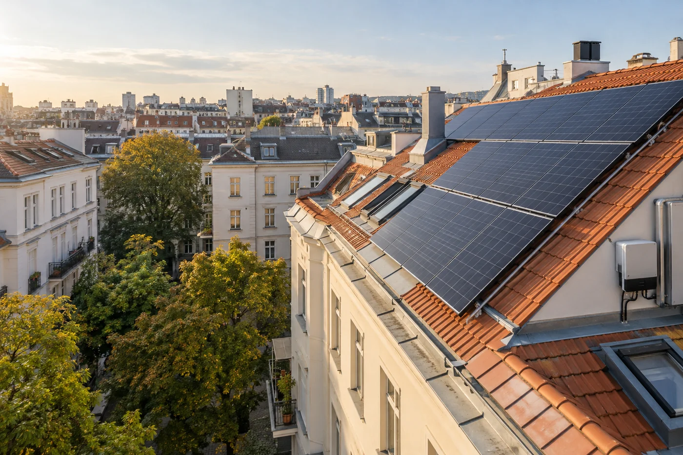 Photovoltaikmodule auf einem Wiener Wohnhausdach