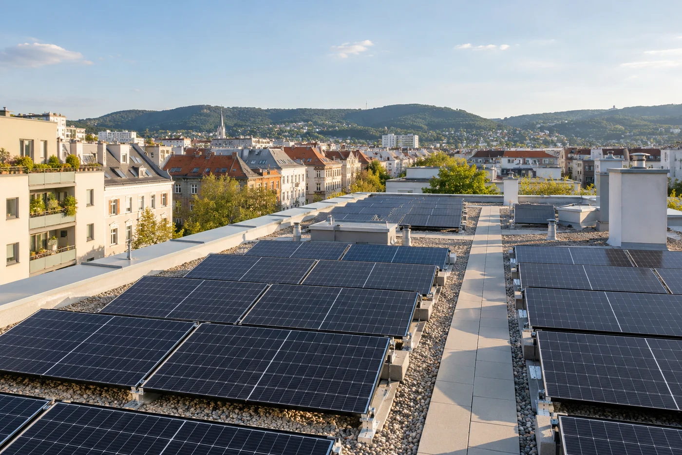 Solarpaneele auf einem städtischen Flachdach