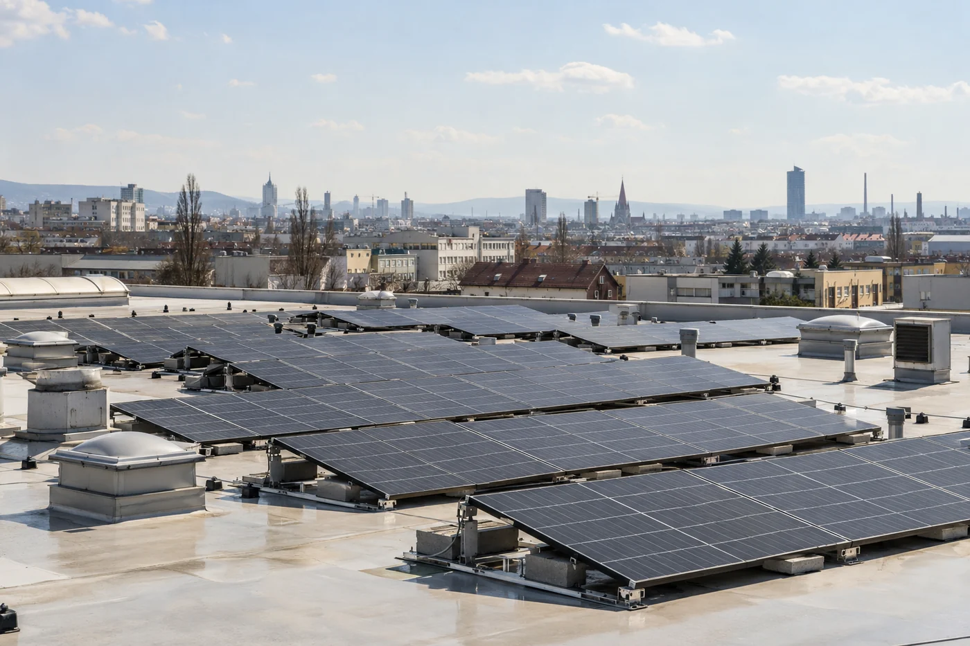 Solarmodule auf einem städtischen Gewerbedach
