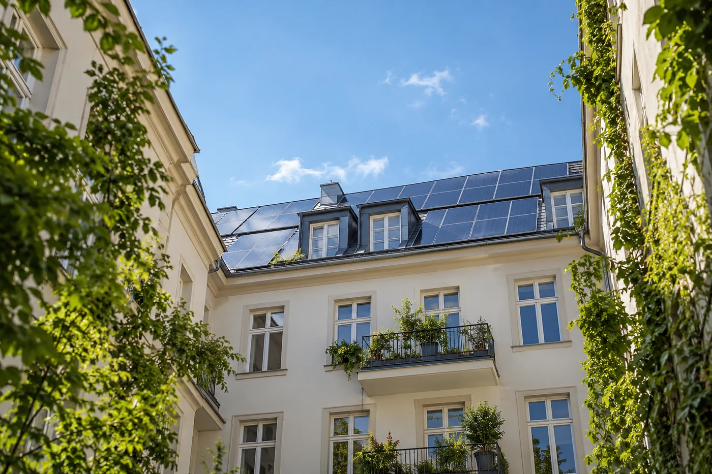 Solarmodule auf einem städtischen Wohnhaus aus der Hofperspektive
